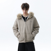 潮牌条纹可拆卸毛领拉链开衫 MRNEARLY秋季 美式 卫衣男连帽情侣外套