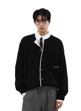 MRNEARLY美式复古拼色假两件开衫毛衣外套秋冬宽松圆领慵懒针织衫