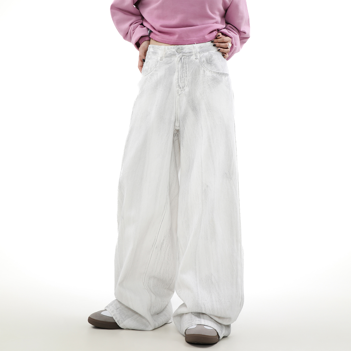 MRNEARLY美式秋季脏白泼墨牛仔裤