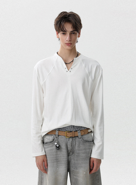 MRNEARLY美式潮牌V领长袖T恤男士秋季cleanfit宽松休闲简约上衣