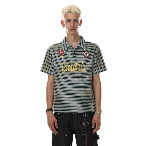 美式复古做旧条纹短袖Polo衫男
