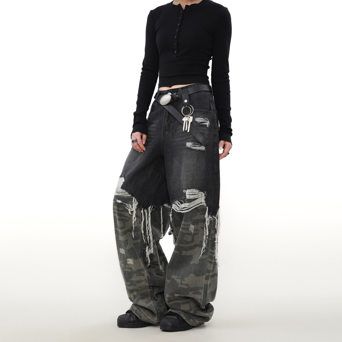 MRNEARLY美式街头迷彩拼接牛仔裤