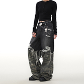 男小众设计感水洗裤 MRNEARLY美式 街头迷彩拼接流苏破洞牛仔裤 子