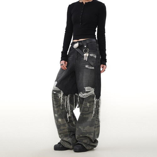 MRNEARLY美式街头迷彩拼接牛仔裤