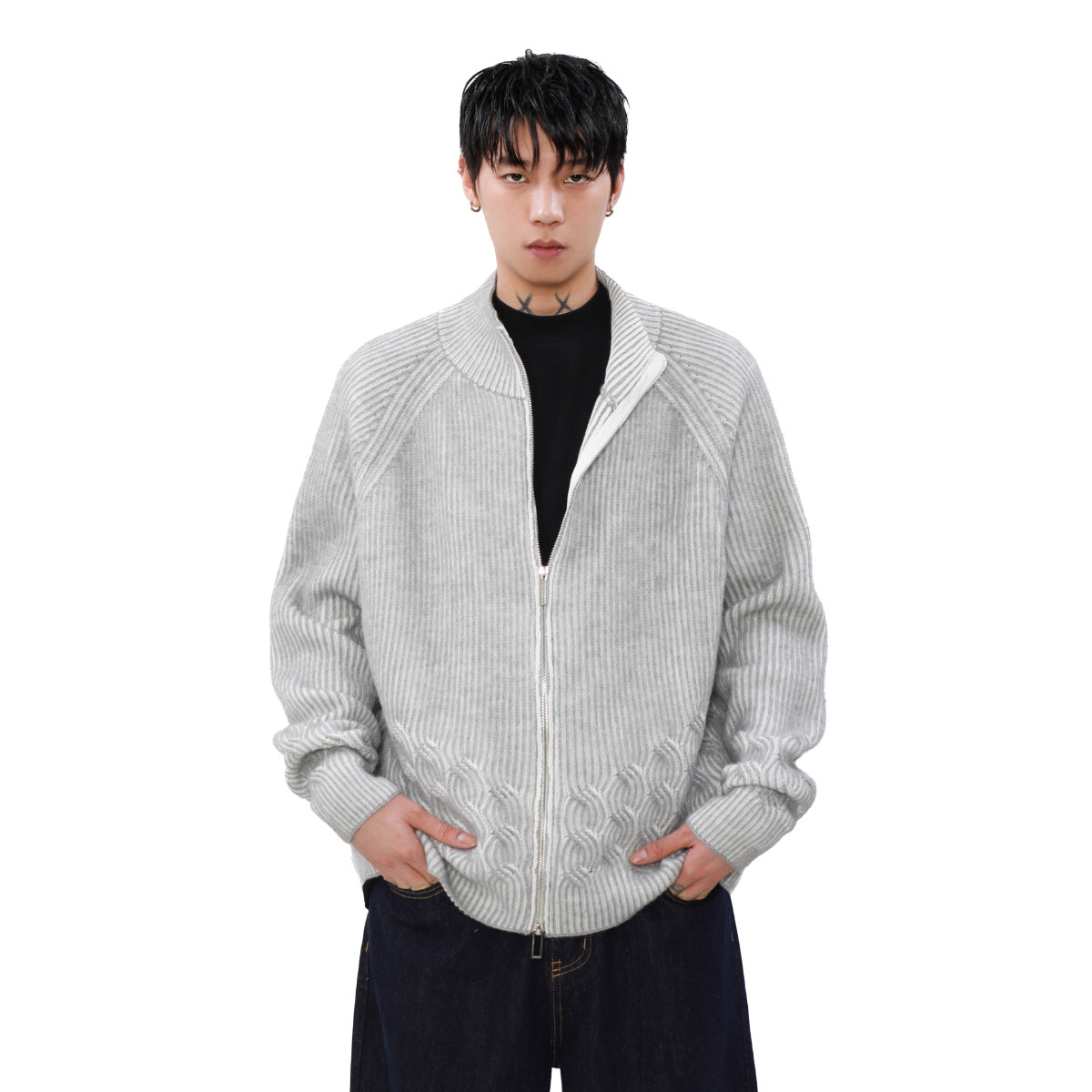 美式小众毛衣开衫立领拉链外套男