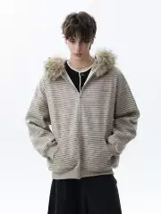 Mrnearly Autumn American Style Trendy Brand Striped Detachable Fur Collar Zipper Cardigan Hoodie Men's Couple Jacket