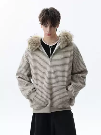 Mrnearly Autumn American Style Trendy Brand Striped Detachable Fur Collar Zipper Cardigan Hoodie Men's Couple Jacket