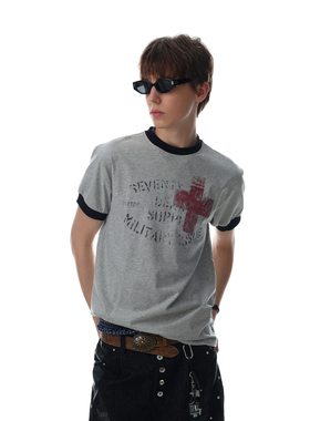 MR.NEARLY美式复古字母印花短袖T恤男女撞色圆领百搭潮牌上衣