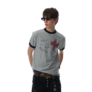 T恤男女撞色圆领高街潮牌情侣上衣 复古字母印花短袖 MRNEARLY 美式