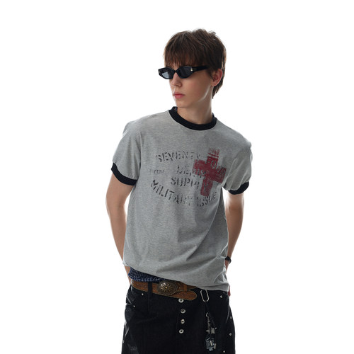 美式复古字母撞色圆领短袖T恤男