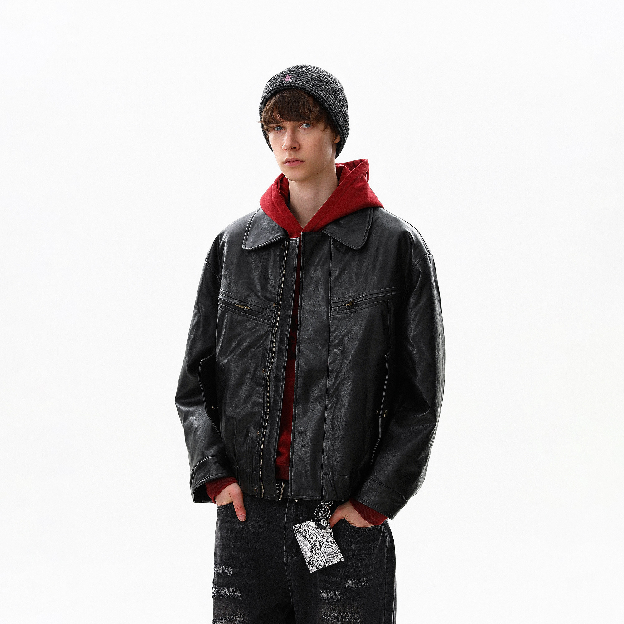 美式复古机车皮夹克男宽松翻领