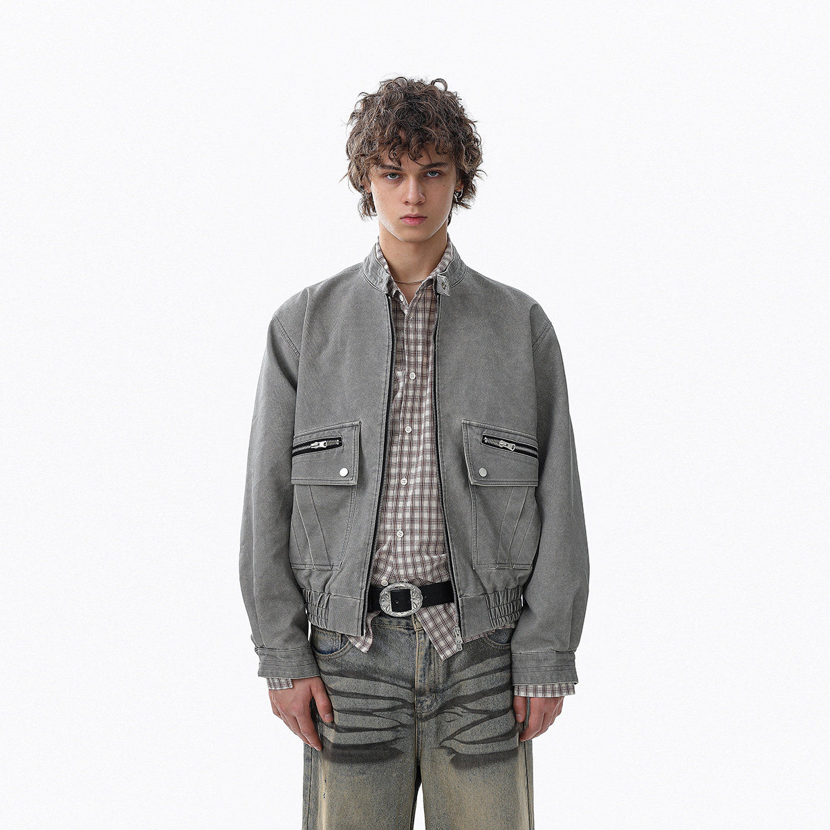 美式复古设计感立领夹克