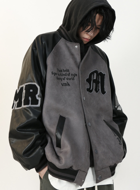 MRNEARLY美式复古撞色高街麂皮绒棒球服男秋冬季加厚潮牌夹克外套