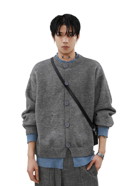 MRNEARLY美式复古学院风假两件开衫毛衣秋冬宽松松弛感针织衫潮