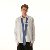 MRNEARLY 男潮牌宽松衬衣潮 徽章设计感领带条纹衬衫 美式 复古个性