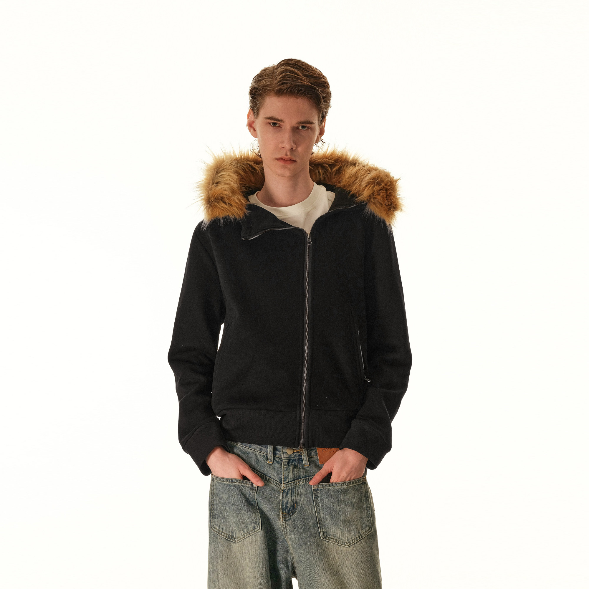 美式复古毛领连帽卫衣