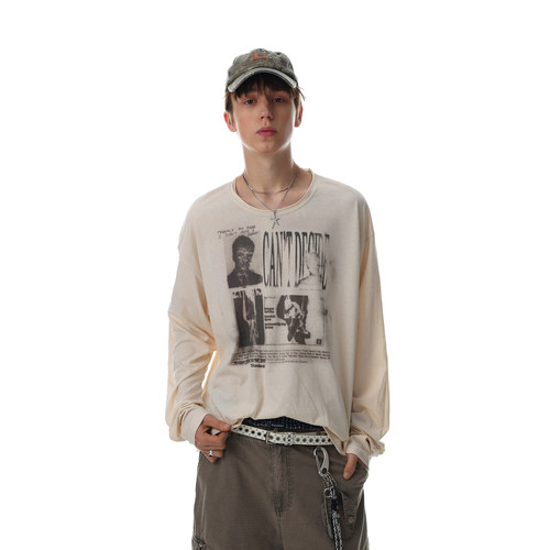 美式复古街头人物印花长袖T恤