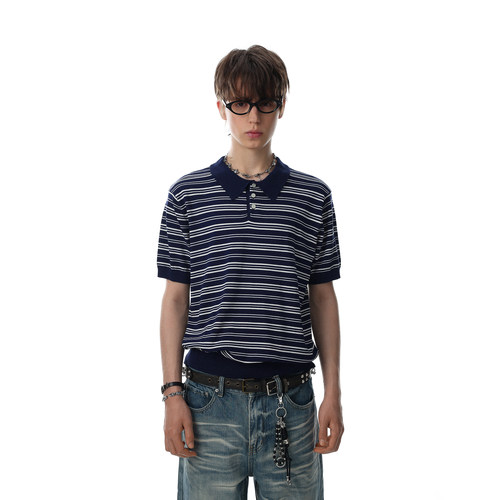 美式复古老钱风条纹短袖POLO衫