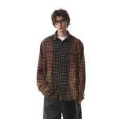 MRNEARLY美式 复古撞色拼接格纹衬衫 男女宽松设计感毛须做旧衬衣