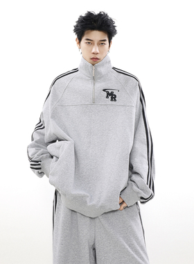 MRNEARLY美式复古休闲运动高街立领情侣卫衣潮牌重磅秋冬款套装男