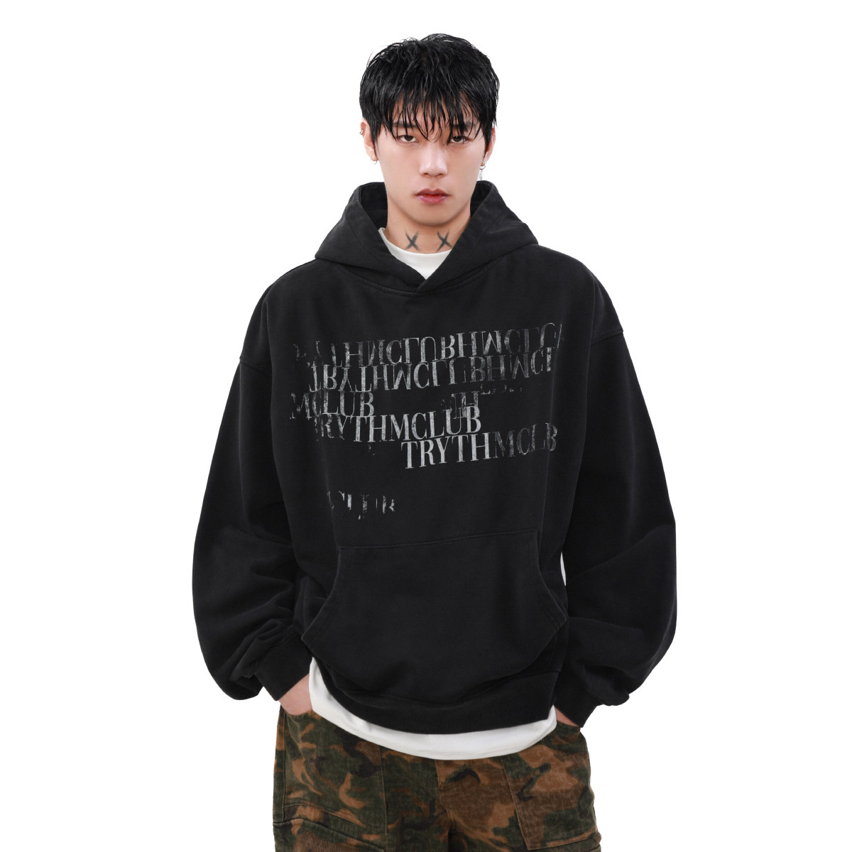 美式复古斑驳字母连帽情侣装卫衣