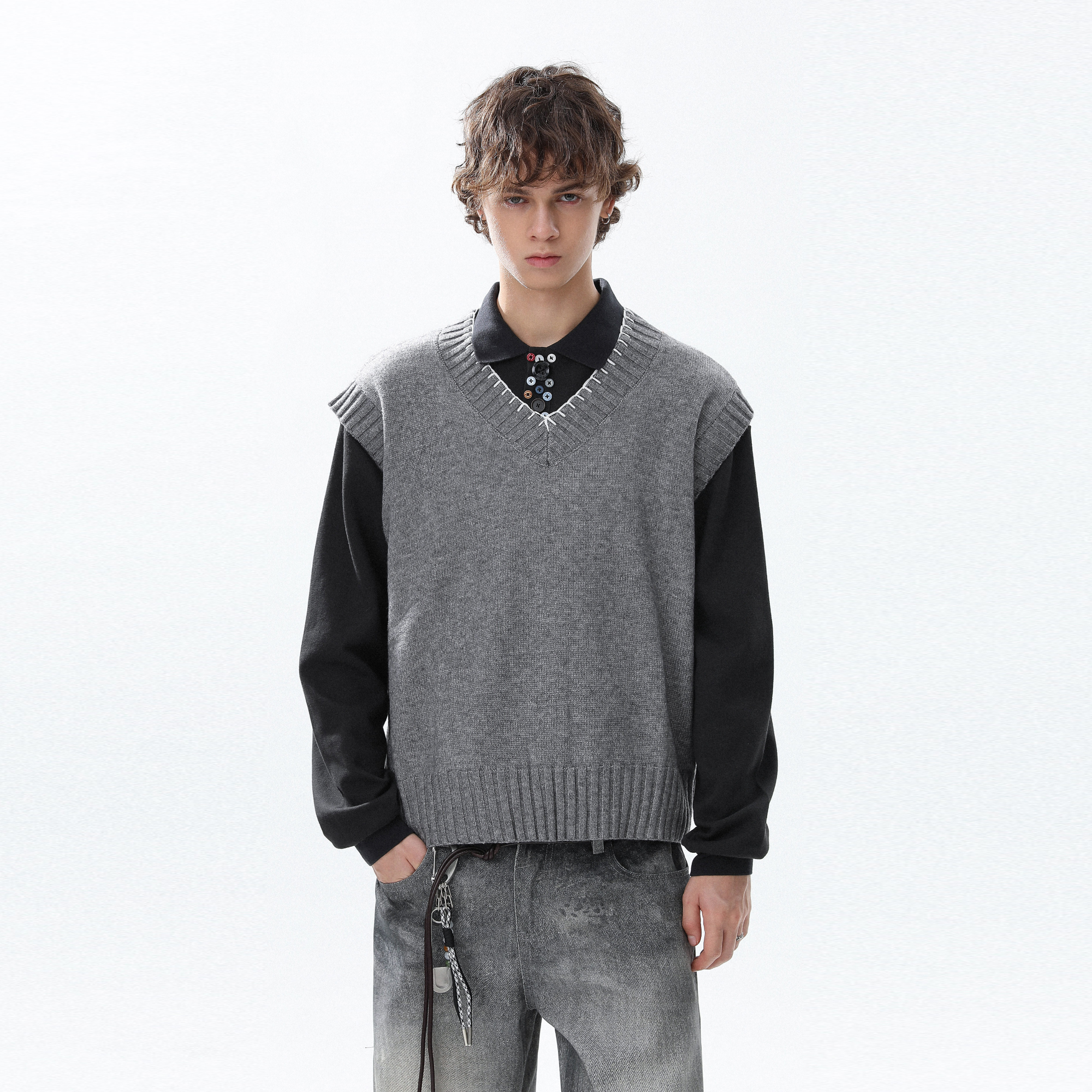 美式复古小众设计感V领针织衫