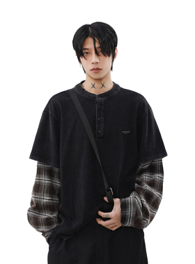 MRNEARLY美式复古水洗假两件格子拼接长袖T恤男宽松百搭圆领上衣