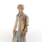 MRNEARLY美式 小众校园风情侣衬衣 夏季 复古撞色三条杠格子短袖 衬衫