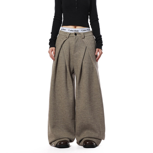 美式复古解构设计感打褶阔腿裤