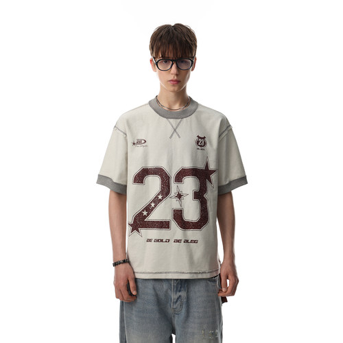 美式复古做旧数字印花重磅T恤