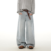 MRNEARLY美式 子 男女宽松直筒水洗浅蓝色裤 复古冬季 加绒加厚牛仔裤