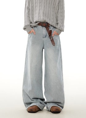 MRNEARLY美式复古冬季加绒加厚牛仔裤男女宽松直筒水洗浅蓝色裤子