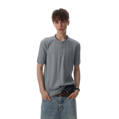 美式复古亨利领宽松短袖T恤