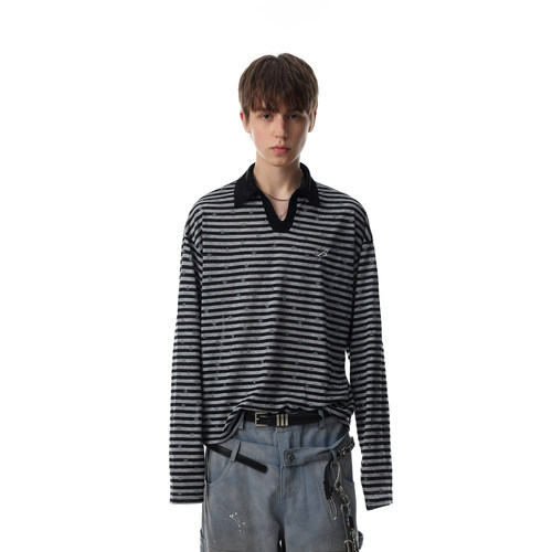 美式复古条纹刺绣翻领长袖T恤