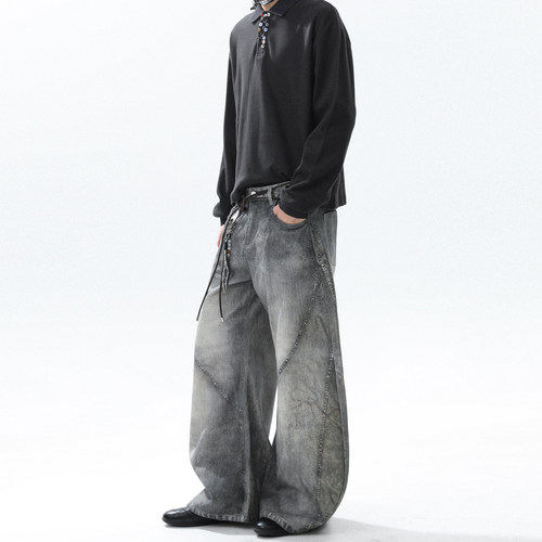 美式复古解构设计感阔腿牛仔裤