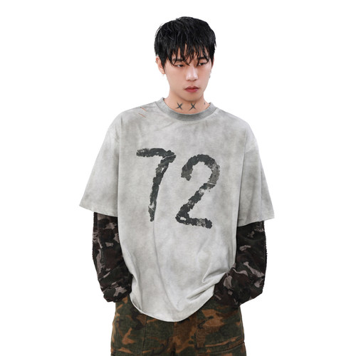 美式高街小众迷彩假两件长袖T恤