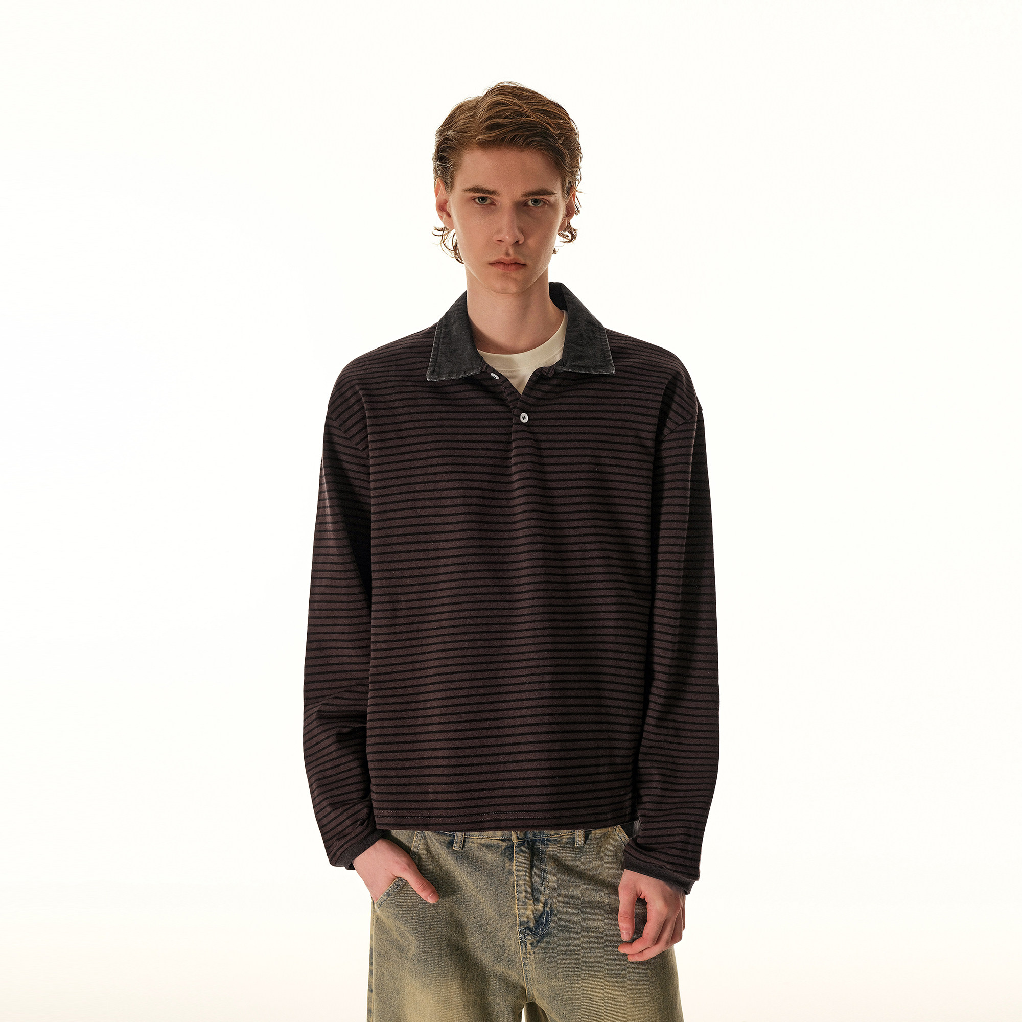 美式复古条纹polo领长袖T恤