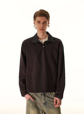 MRNEARLY 美式复古条纹polo领长袖T恤男潮牌宽松休闲百搭打底衫