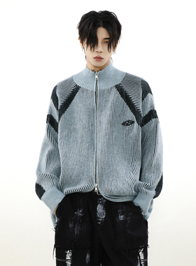 MRNEARLY美式复古设计感小众撞色条纹高领毛衣情侣针织开衫外套男