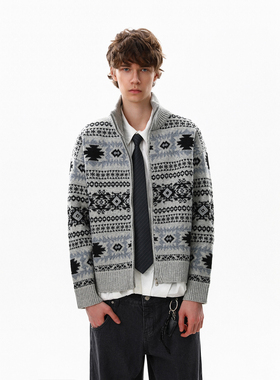 MRNEARLY美式复古费尔岛提花针织开衫男2025立领宽松毛衣外套潮