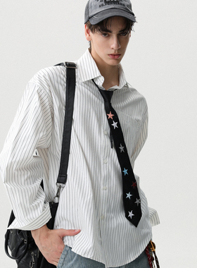 MRNEARLY美式复古条纹长袖衬衫男秋季高级感情侣痞帅休闲衬衣外套