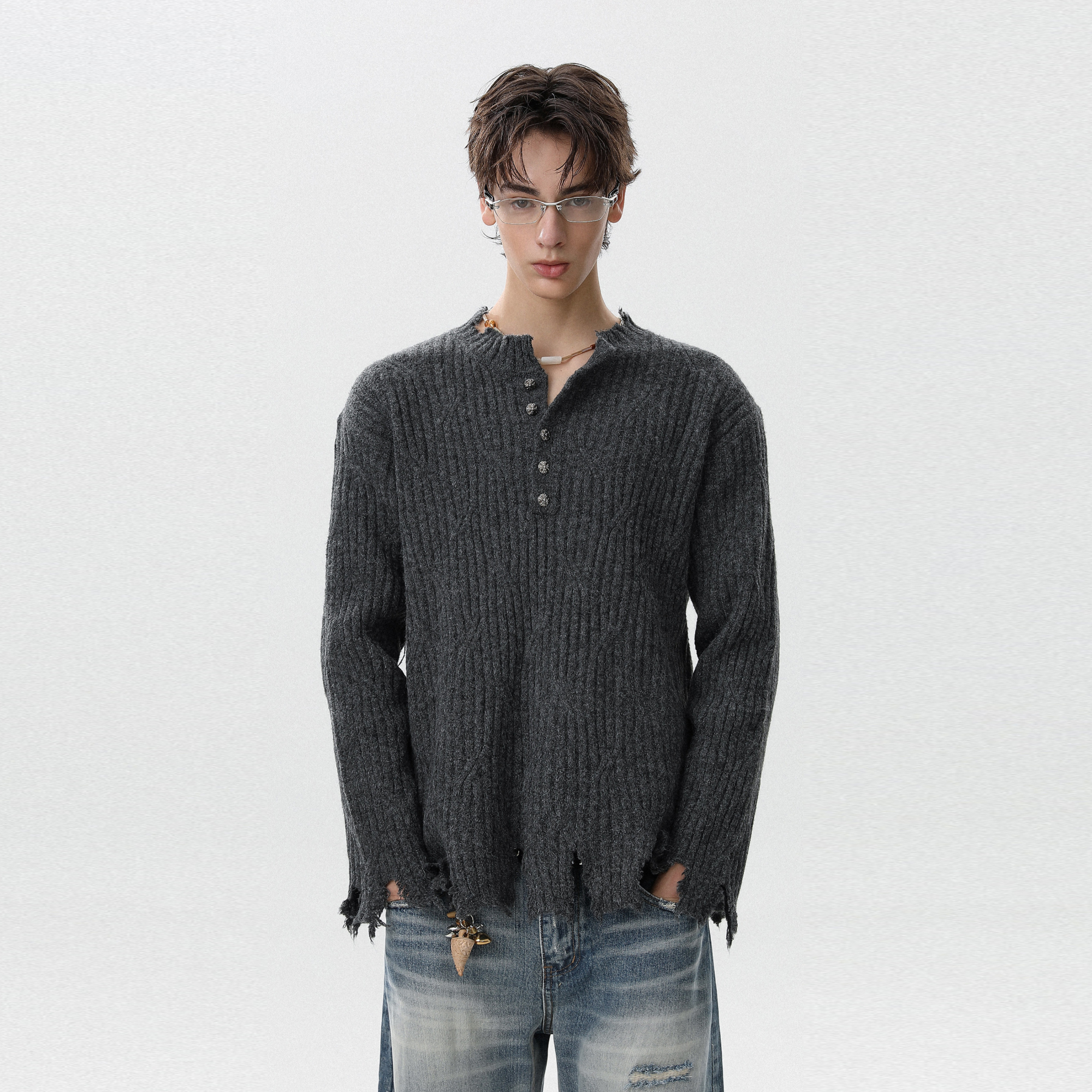 美式街头破坏风亨利领正肩毛衣男