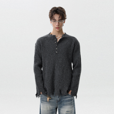 美式街头破坏风亨利领正肩毛衣男