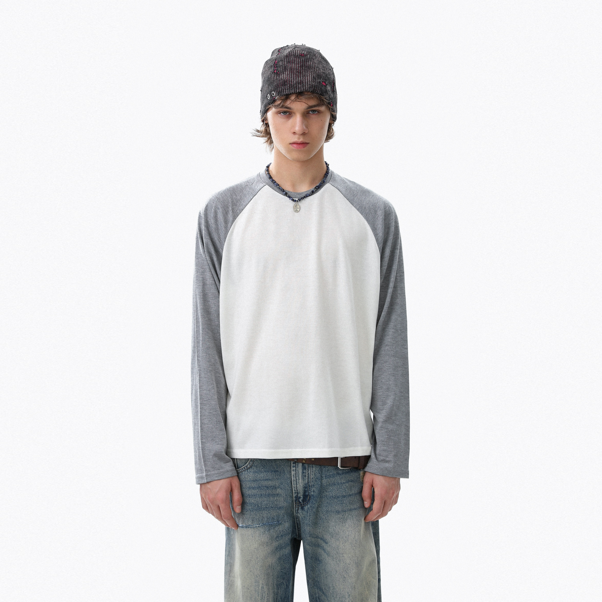 美式拼色插肩袖基础款长袖T恤男