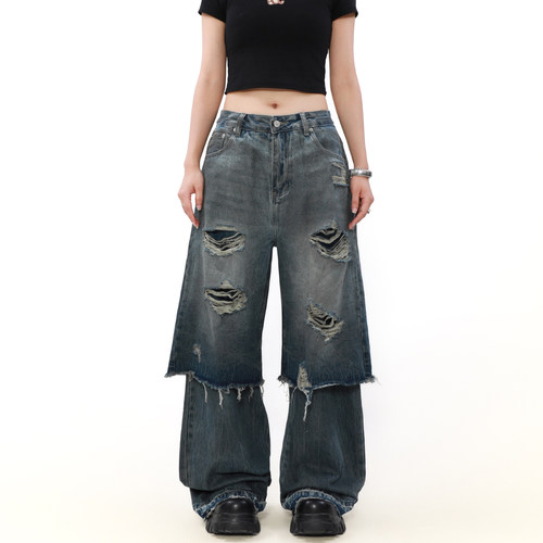 小众设计感分割假两件美式牛仔裤