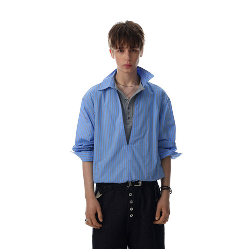 美式复古假两件条纹宽松衬衫