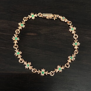 花魁silver s925纯银电镀22k金Tiny E细十字花祖母绿手链情侣同款