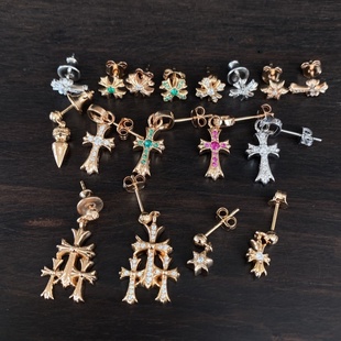 花魁silver 925银电镀22k金镶钻祖母绿babyfat十字花三十字架耳钉