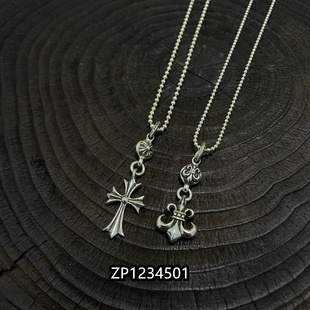 花魁silver 925纯银做旧潮流单球十字架童军花吊坠圆珠项链男女款