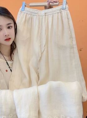 1915复古休闲刺绣坠感薄款阔腿裤女夏季百搭宽松直筒长裤